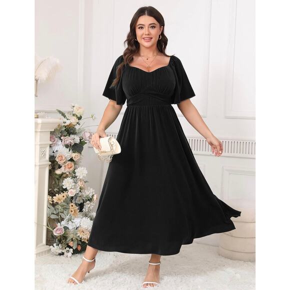CICIDUDU Dresses & Skirts - Semi Formal Ruffle Short Sleeve Sweetheart Neckline Slit A Line Flowy Maxi Dress